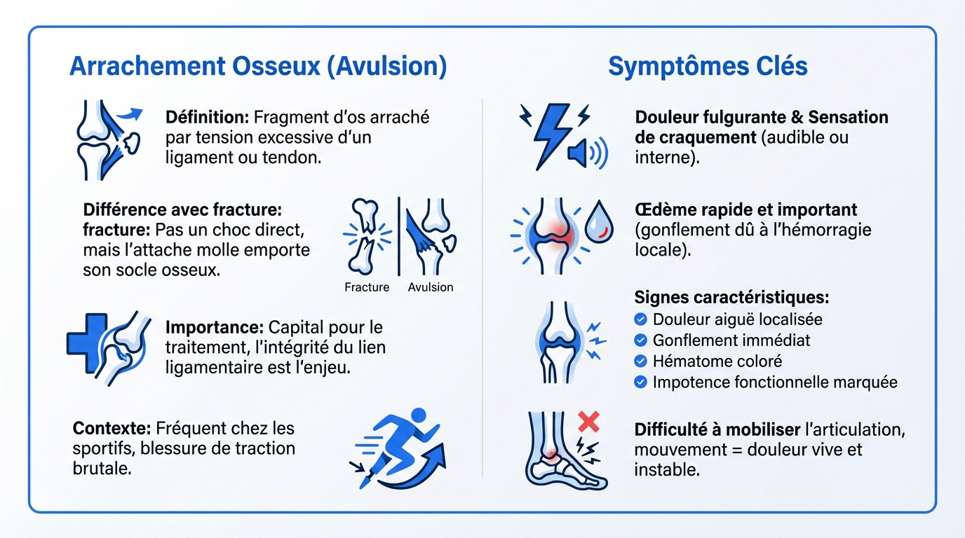 Illustration médicale d'un arrachement osseux montrant un ligament arrachant un fragment de l'os