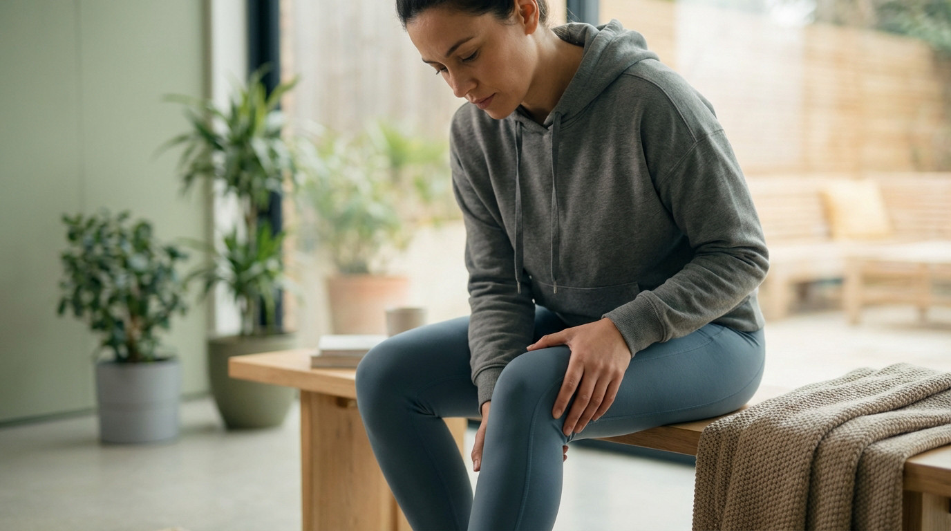 A woman in athletic wear sits thoughtfully, gently touching her knee with a concerned yet determined expression in a modern, serene home.