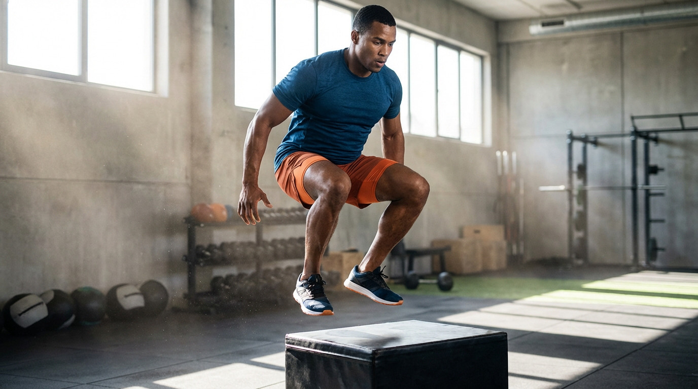 Muscular male athlete mid-air during a powerful box jump in a well-lit modern gym, showcasing strength and determination.