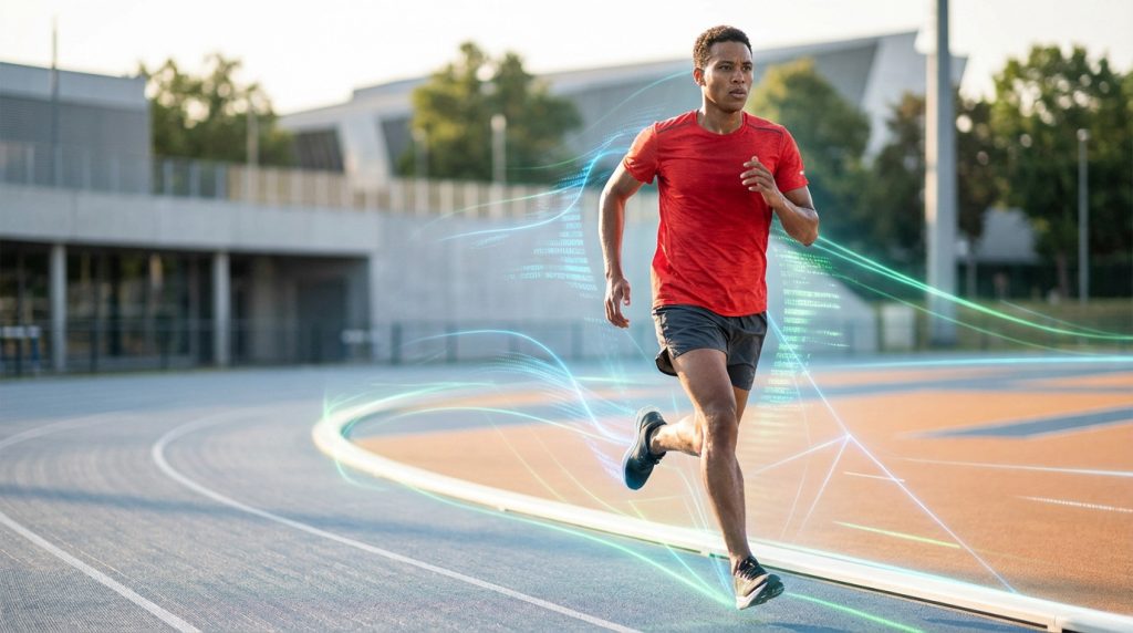 A determined male runner in a red shirt and grey shorts mid-stride on a track, surrounded by electric blue and green digital data trails.