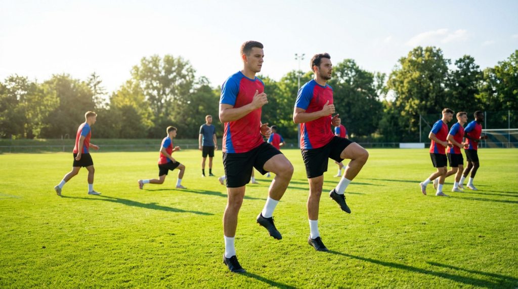 Futbolistas con camisetas rojas y azules realizan ejercicios de calentamiento dinámico en un campo verde vibrante bajo la luz natural del día.
