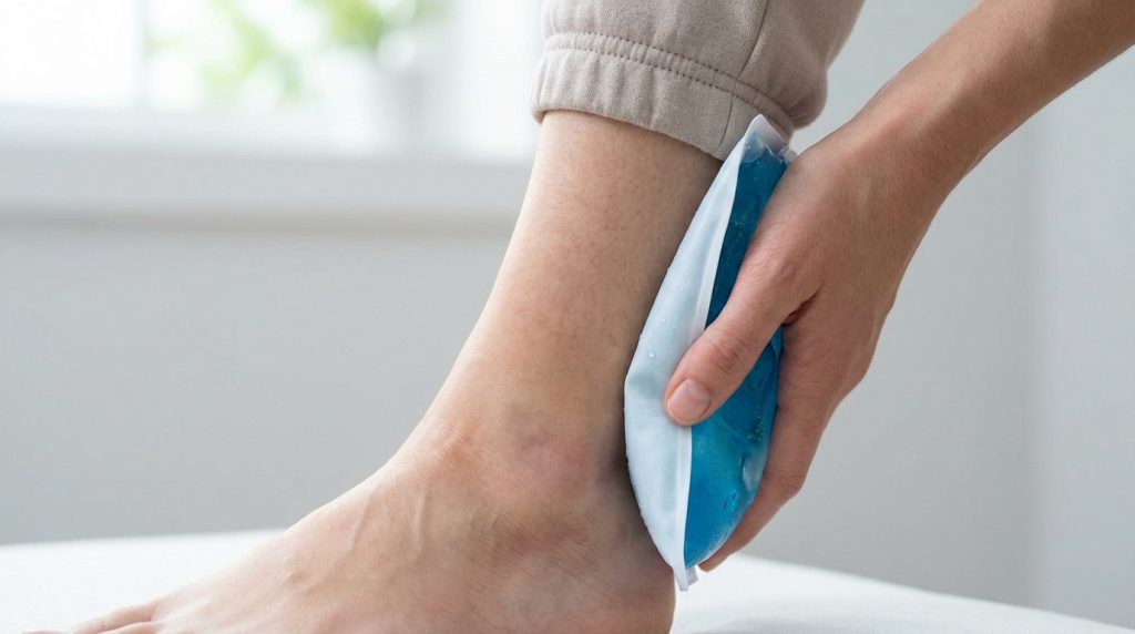 A hand applies a blue and white ice pack to a subtly swollen ankle, highlighting self-care and recovery in a bright, minimalist setting.