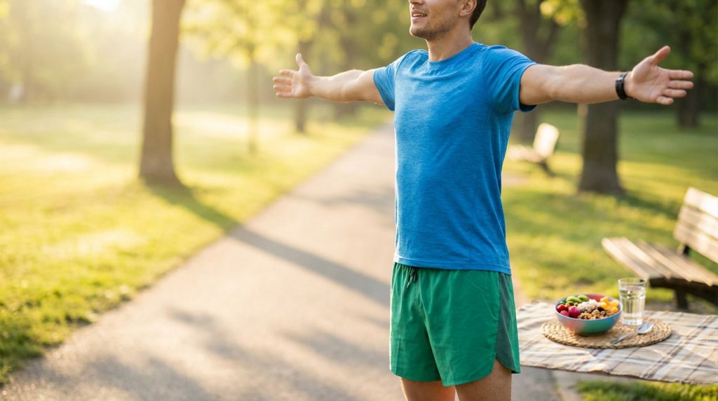 A man in blue and green athletic wear stretches in a sunlit park, a healthy fruit bowl and water blurred in the background.