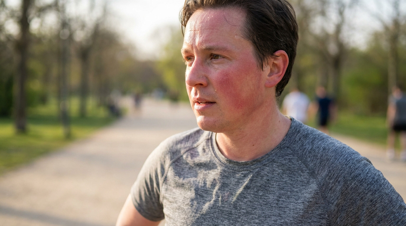 Close-up de um homem com rosto visivelmente corado e suor na testa, após exercício. Usa camiseta cinza em parque borrado.