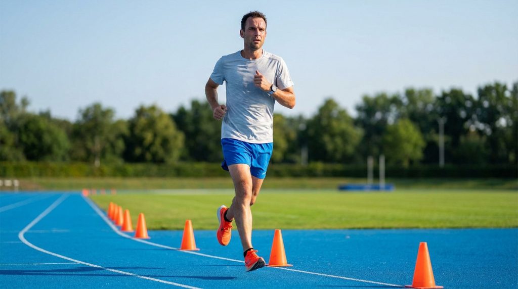 Focused male runner in blue shorts, grey shirt, orange shoes, mid-stride on a blue track with orange VAMEVAL cones. Sports watch on wrist.