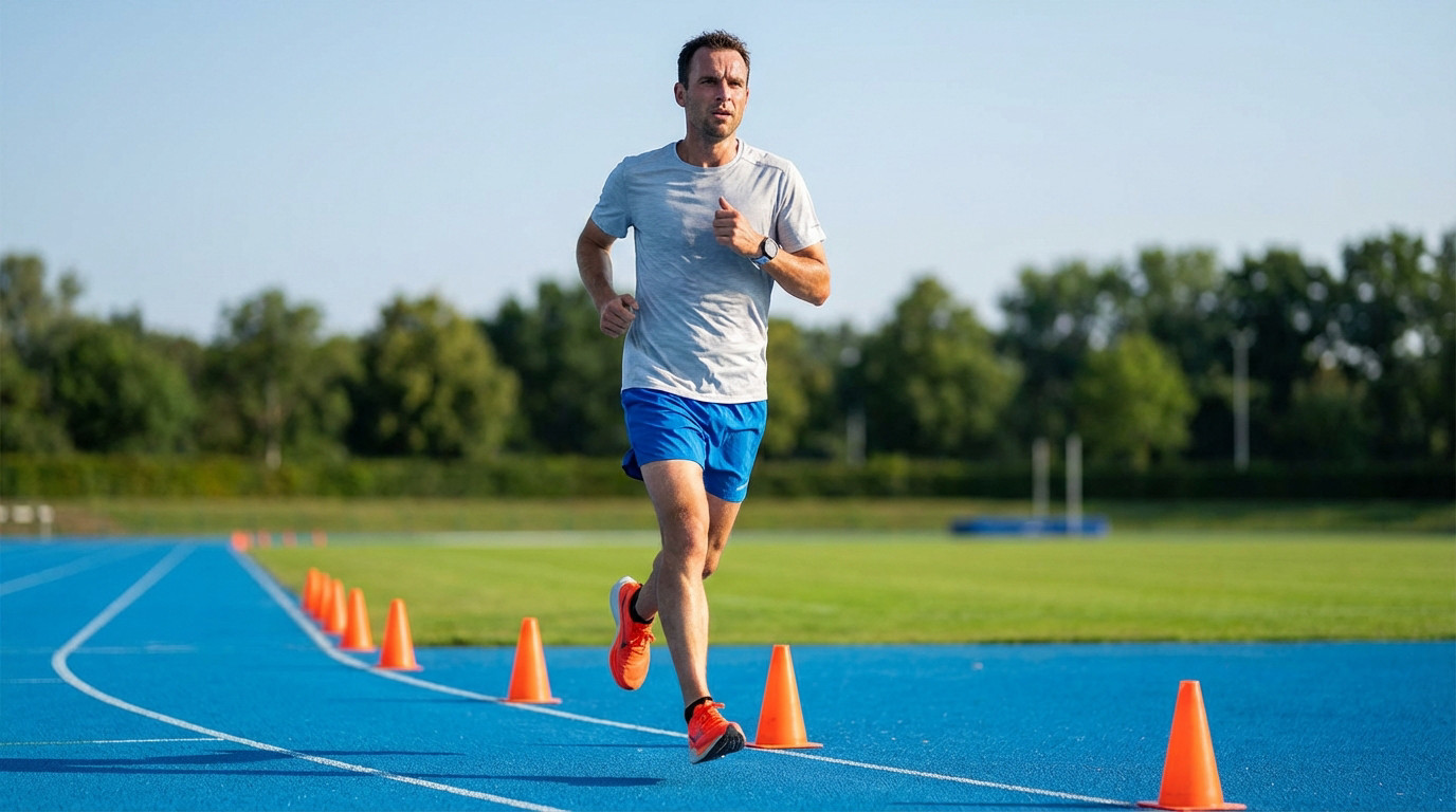 Focused male runner in blue shorts, grey shirt, orange shoes, mid-stride on a blue track with orange VAMEVAL cones. Sports watch on wrist.