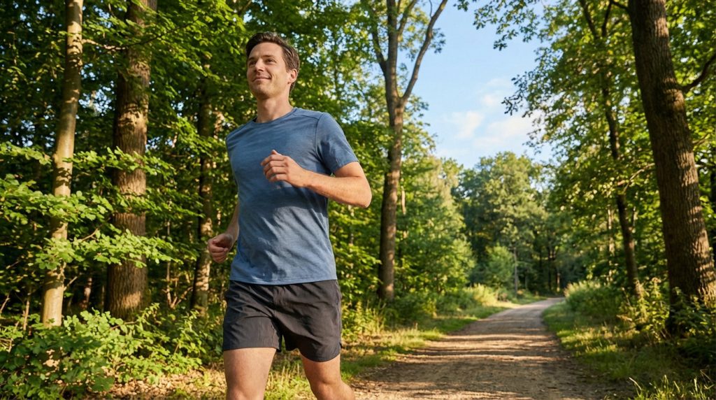 Un homme court calmement sur un sentier forestier verdoyant, sous une lumière douce. Son expression est sereine, symbolisant un effort contrôlé et la progression.
