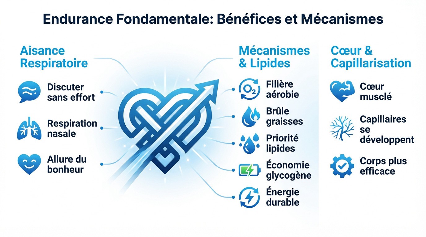 Schéma des bénéfices physiologiques de l'endurance fondamentale sur le cœur et les muscles