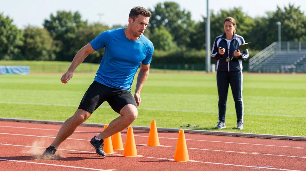 Un homme fait un test d'agilité sur piste, slalomant entre des cônes orange. Une coach le chronomètre, clipboard en main.