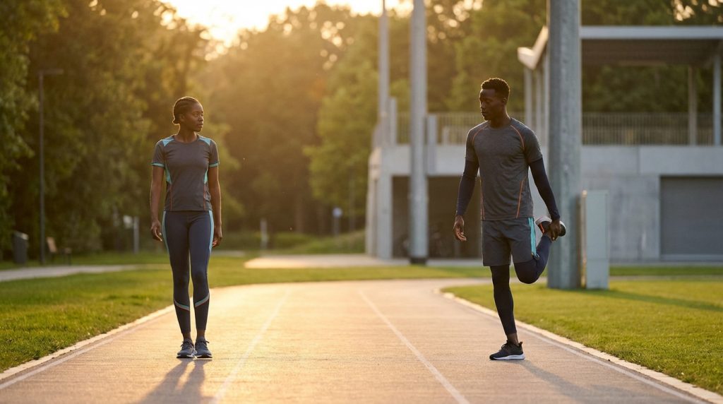 Deux athlètes sur une piste, un homme s'étirant la jambe et une femme debout, sous la lumière dorée du soleil.