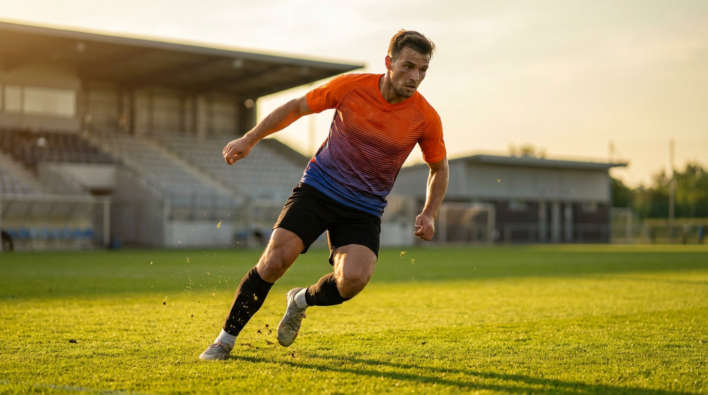 Male footballer in orange and blue jersey sprinting on a green pitch at golden hour, showing intense focus and muscular exertion.