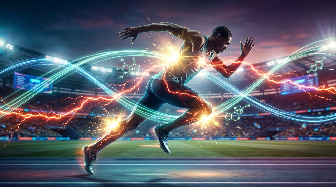 Photo-realistic image of an athlete sprinting, surrounded by glowing blue-green, red-orange, and yellow energy lines with ATP molecules, in a blurred stadium.