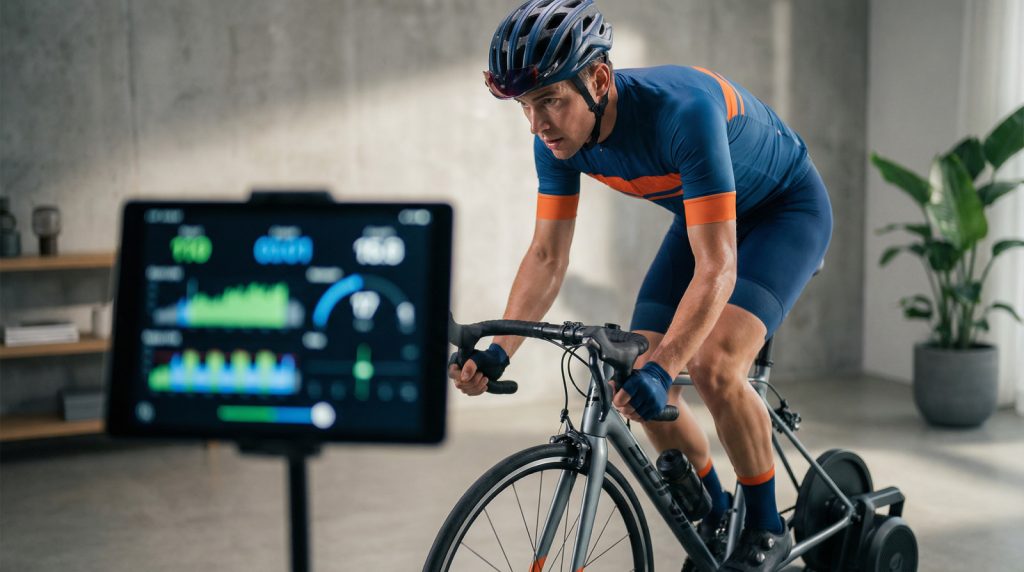 A male cyclist in blue and orange kit trains intensely on a smart bike trainer, focused on a digital screen displaying performance data.