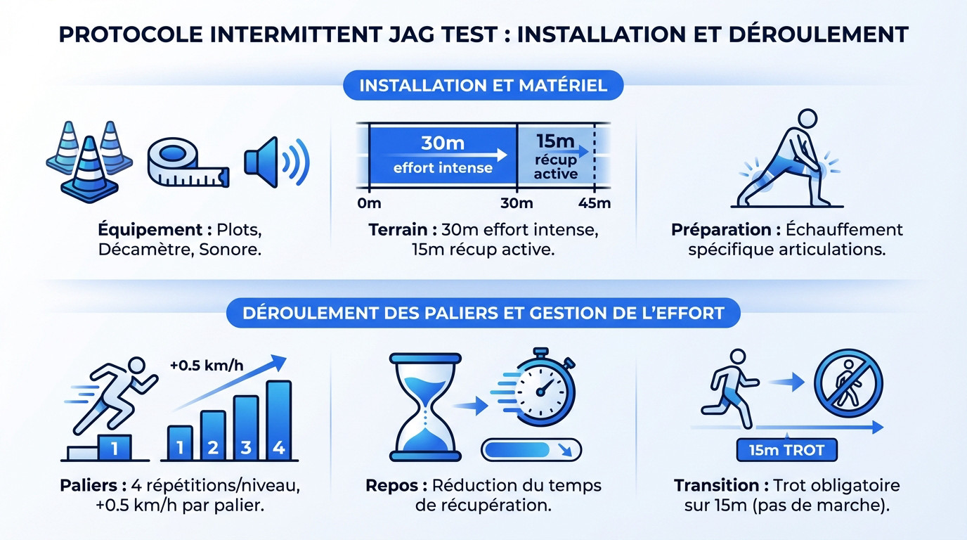 Schéma d'installation du terrain pour l'Intermittent Jag Test avec les zones de 30m et 15m