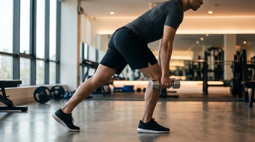Un homme fait un deadlift roumain unilatéral avec un haltère dans une salle de sport, pour renforcer ses ischios.