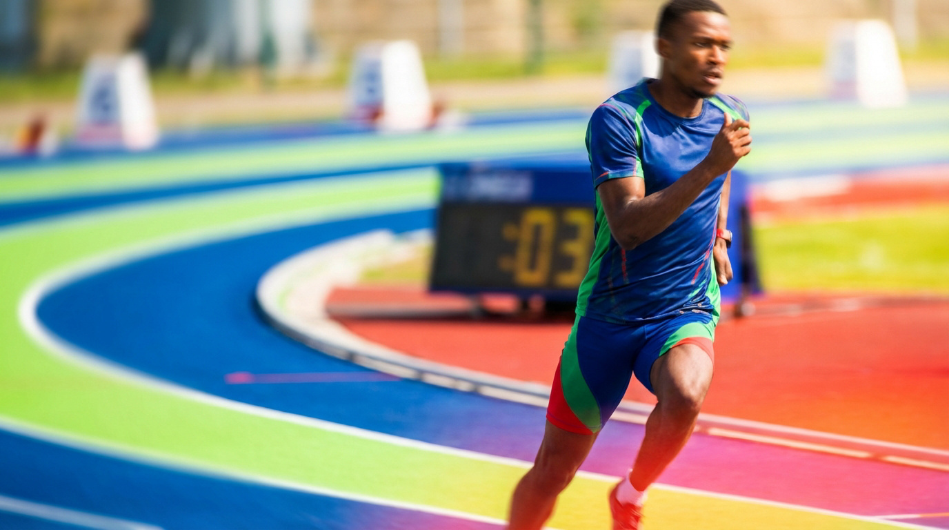 Athlète masculin noir en tenue de course bleue/verte sur une piste multicolore. Chronomètre digital en arrière-plan affichant ':03'.