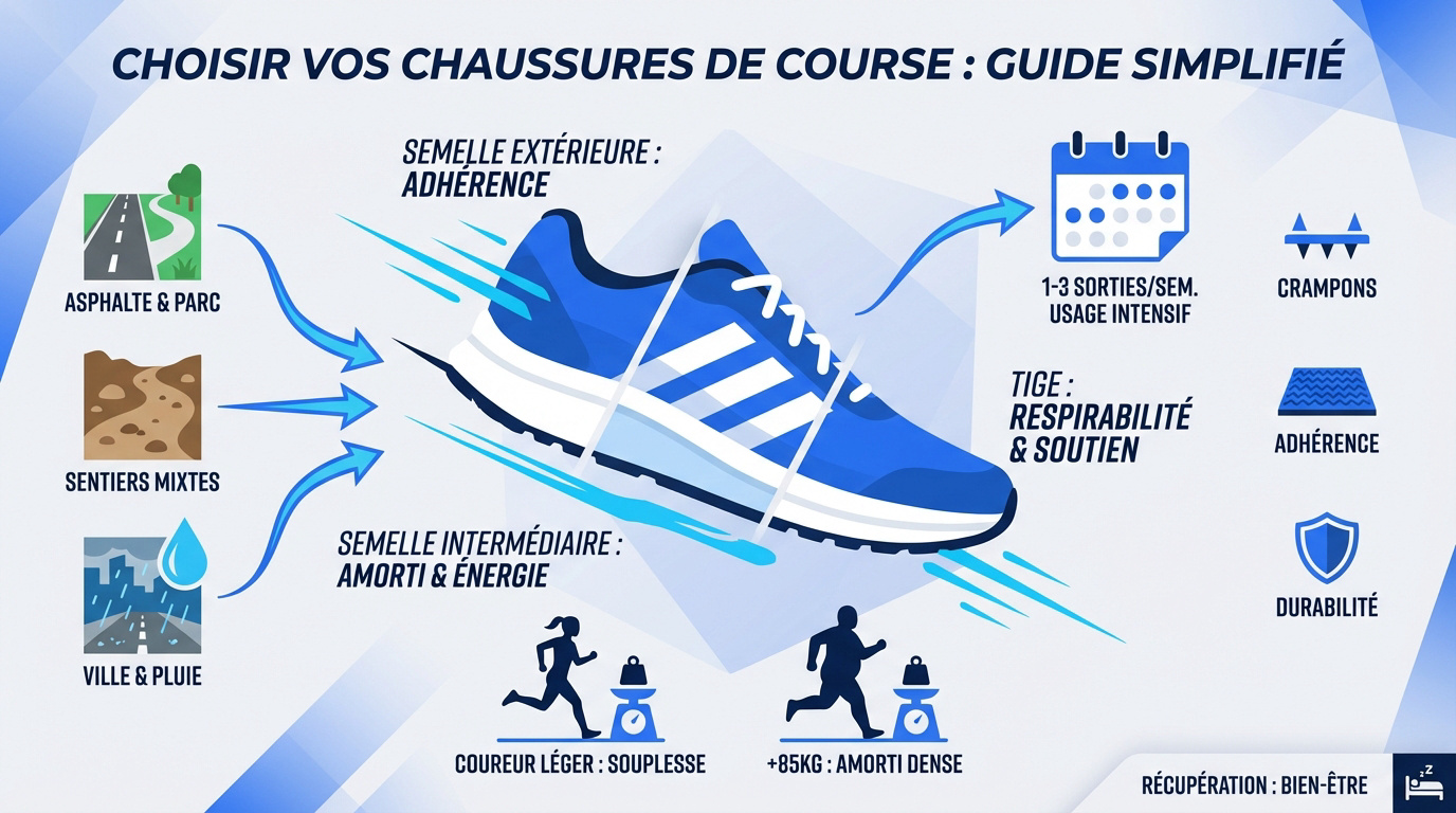 Infographie explicative pour choisir ses chaussures de running débutant selon le terrain et la morphologie