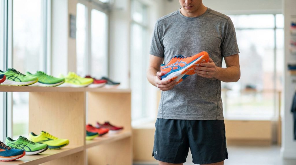 Un homme examine attentivement une chaussure de running orange et bleue. En arrière-plan, des étagères remplies de chaussures colorées.