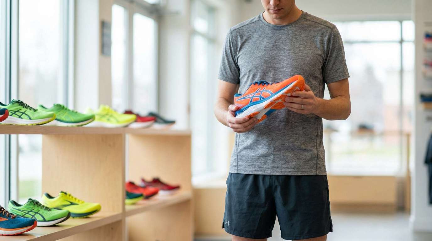 Un homme examine attentivement une chaussure de running orange et bleue. En arrière-plan, des étagères remplies de chaussures colorées.