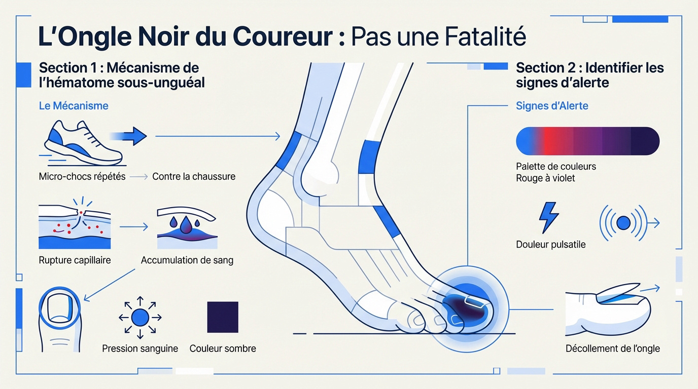 gros plan sur un ongle noir de coureur causé par un hématome sous-unguéal