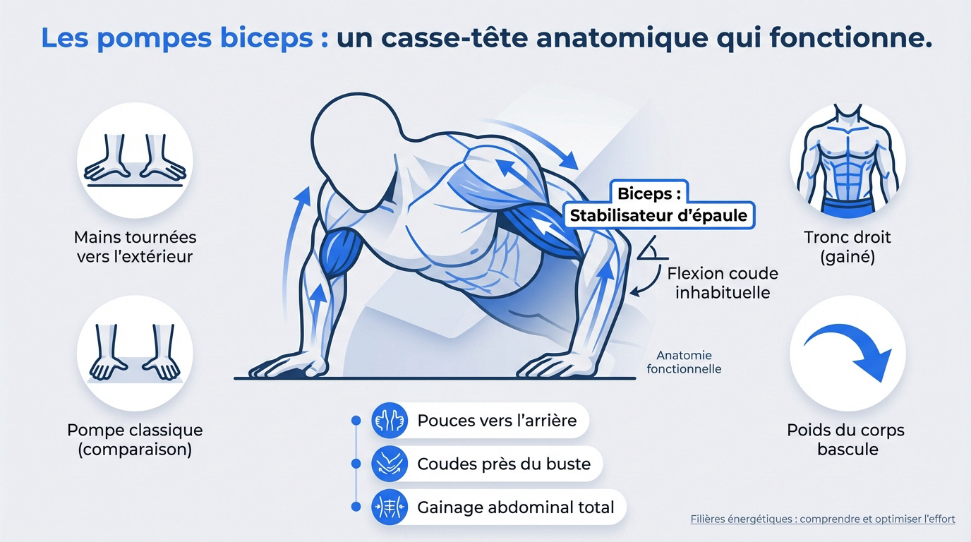Schéma anatomique des muscles sollicités lors des pompes biceps