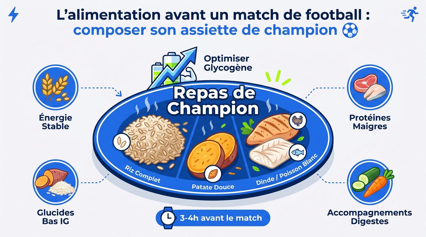 Assiette équilibrée pour footballeur avec riz, poulet et légumes vapeur