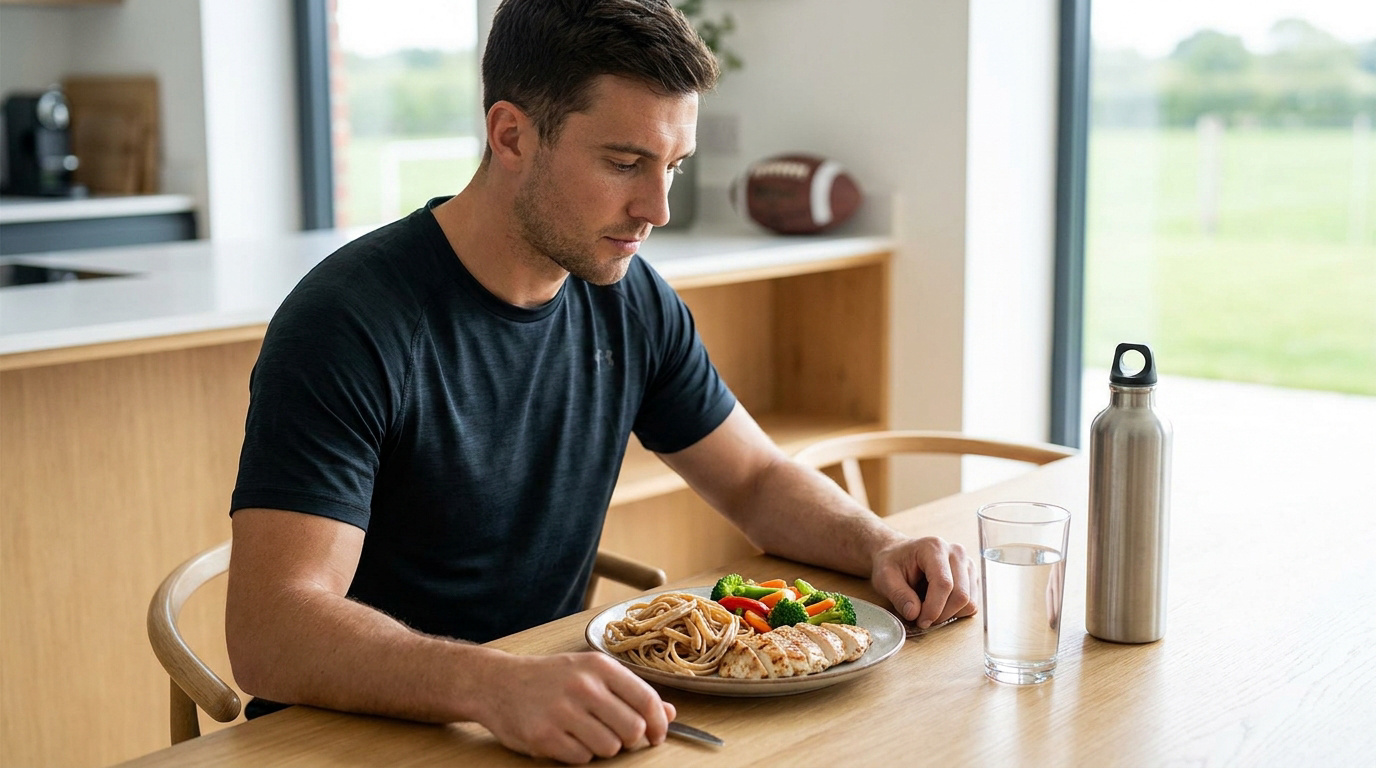 Un homme mange un repas sain avec pâtes, poulet et légumes. Bouteille d'eau et ballon de football en arrière-plan.