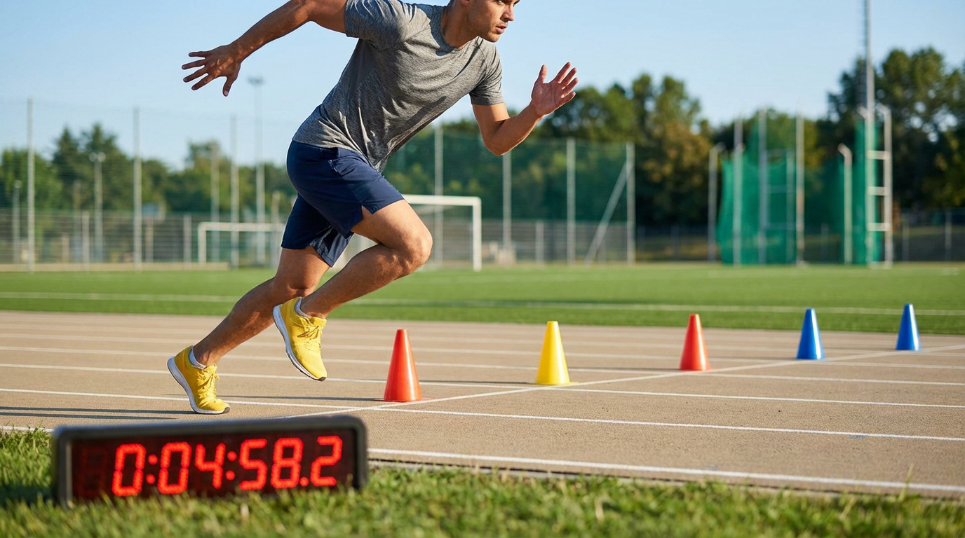 Jeune homme en pleine course sur une piste d'athlétisme, avec des cônes colorés et un chronomètre numérique affichant 0:04:58.2.