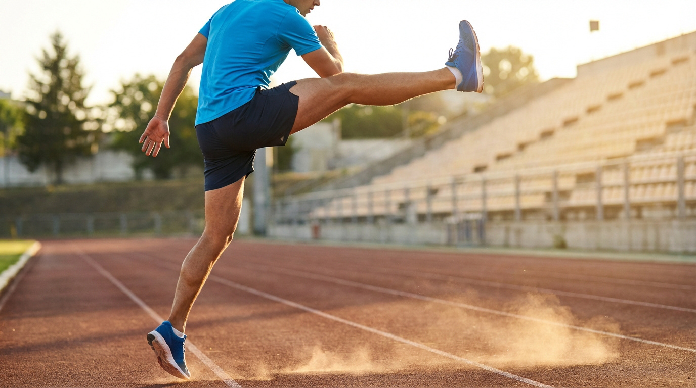 Athlète en t-shirt bleu exécutant un étirement dynamique (jeté de jambe) sur piste d'athlétisme. De la poussière s'élève.