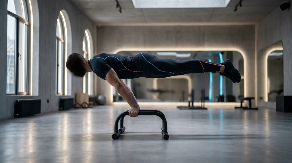 Un homme musclé en tenue de sport noire réalise une full planche sur des parallettes dans une salle de sport moderne.