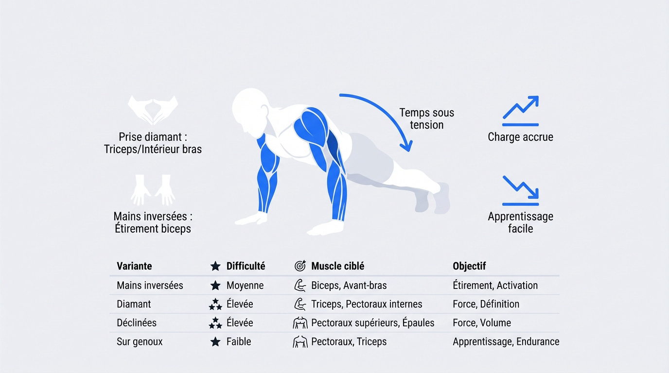 Démonstration de variantes de pompes pour muscler les bras au poids du corps