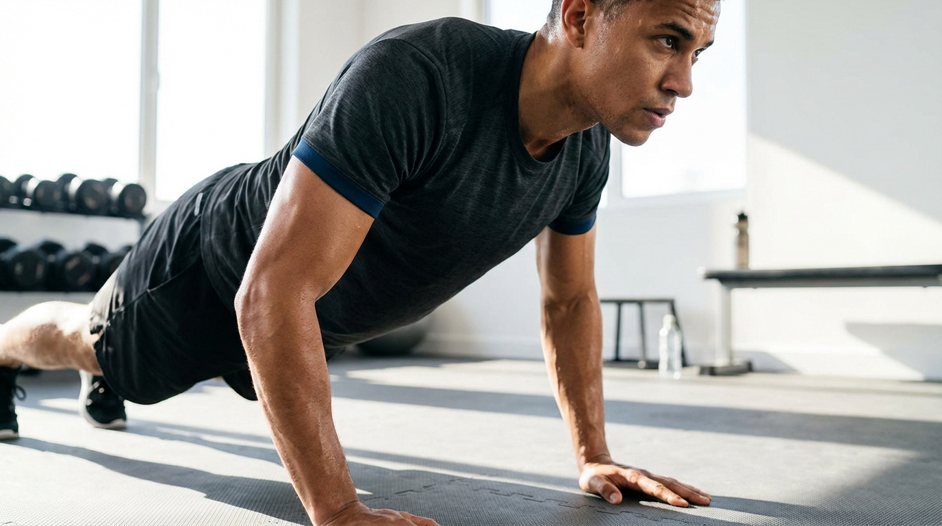 Un homme effectue une pompe au sol dans une salle de sport, démontrant la force des bras au poids du corps. Il est concentré.