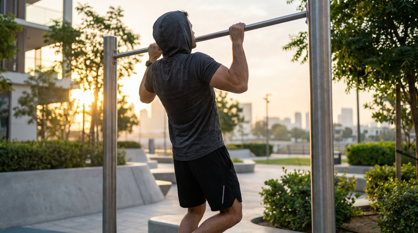 Homme en t-shirt à capuche gris et short noir faisant une traction sur une barre métallique en extérieur au lever du soleil.