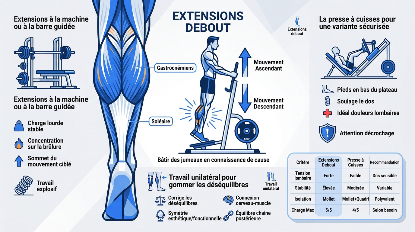 Infographie montrant les variantes d'extensions de mollets debout et à la presse