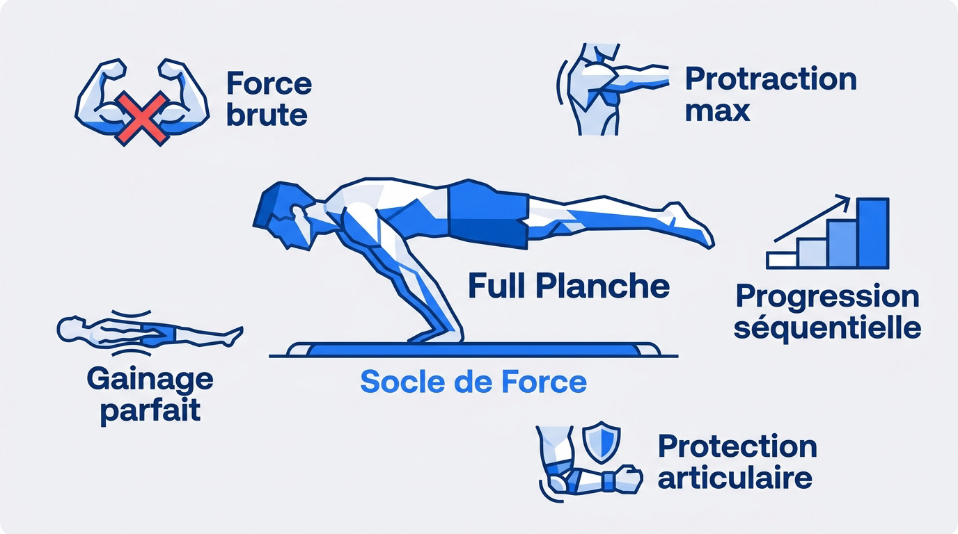 Infographie détaillant les prérequis physiques et les étapes de progression pour la full planche