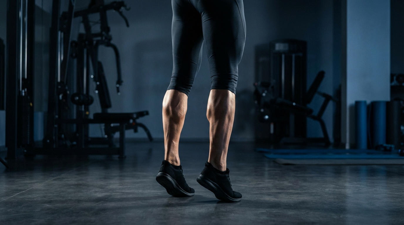 Mollets musclés d'une personne sur la pointe des pieds, exécutant un exercice de musculation dans une salle de sport à l'éclairage tamisé.