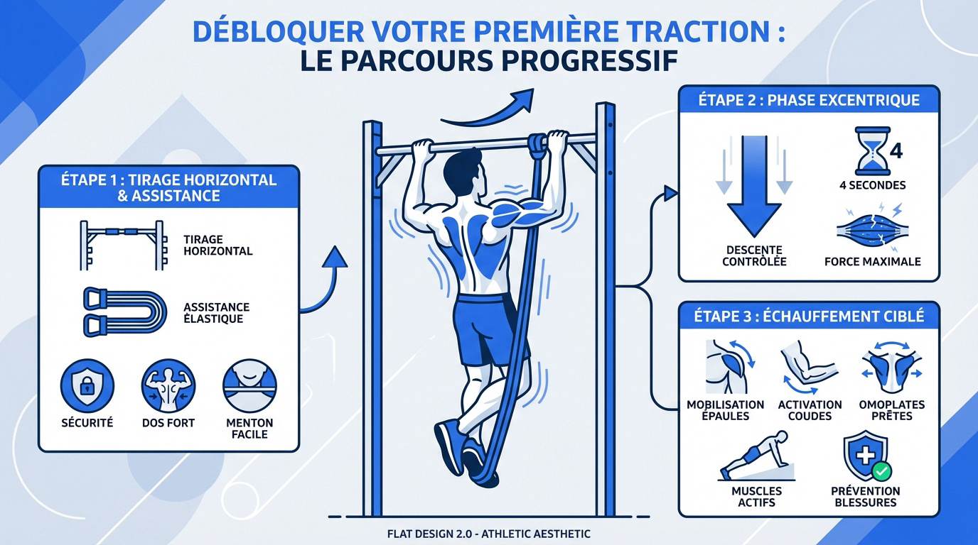 Infographie des étapes progressives pour réussir sa première traction en callisthénie