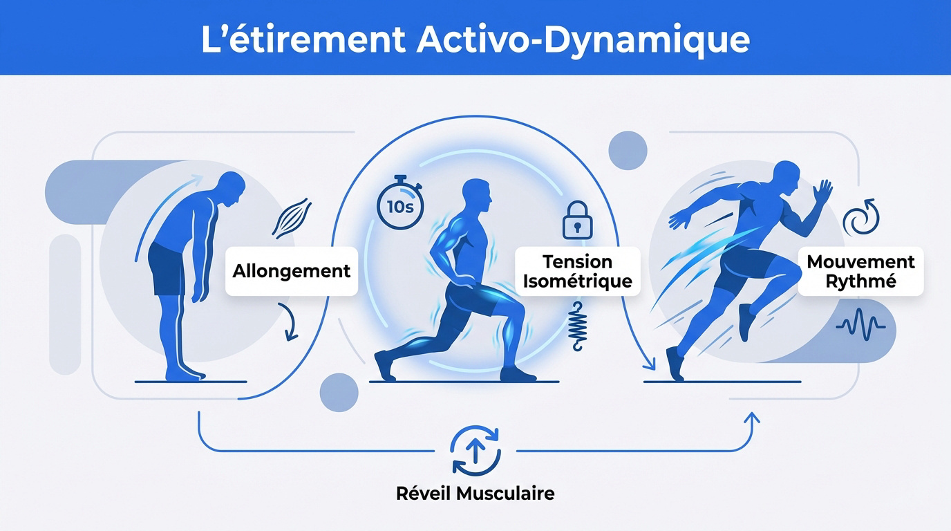 Infographie expliquant les phases de l'étirement activo-dynamique pour le sportif