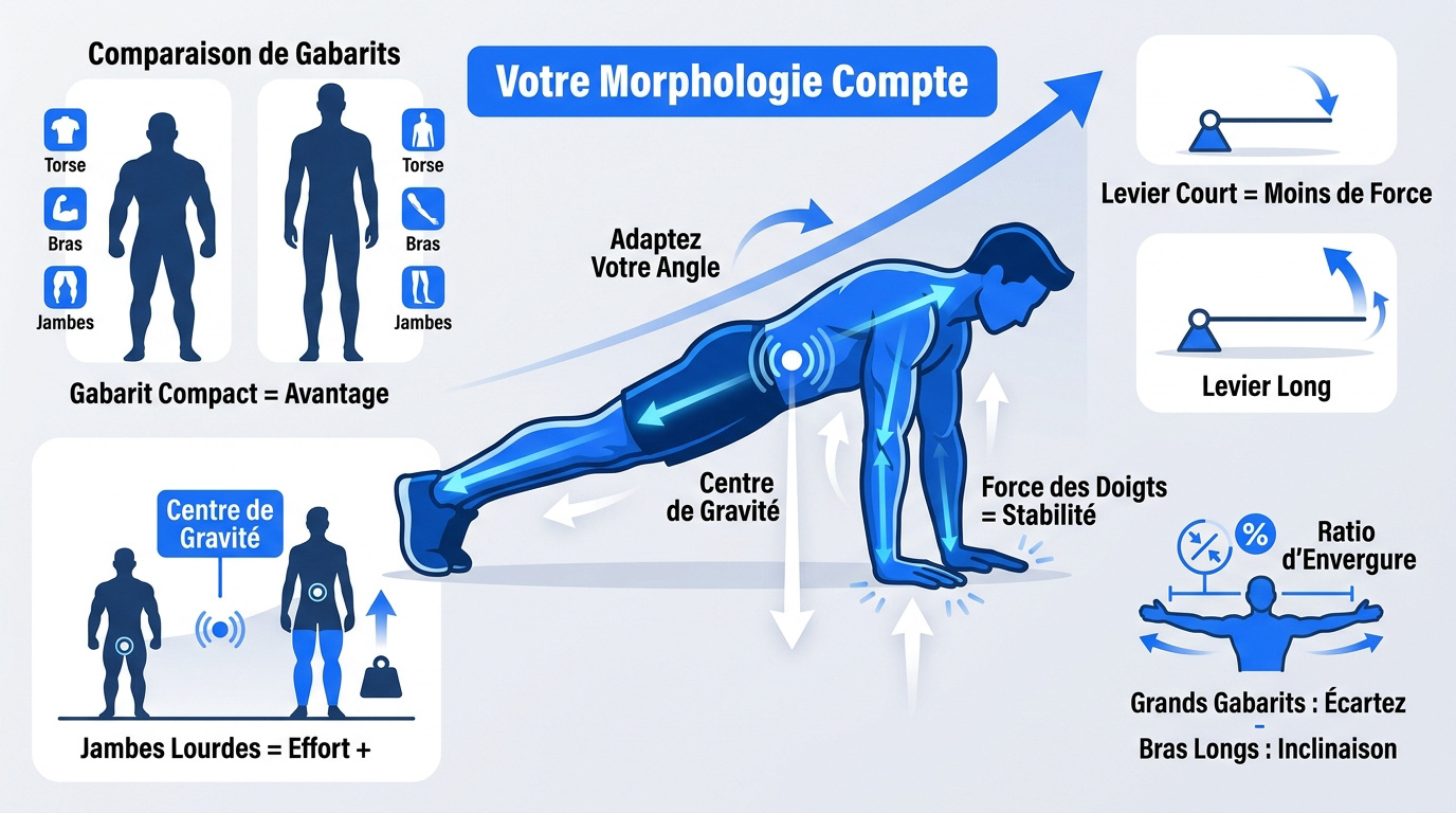 Athlète en position de planche illustrant l'inclinaison des épaules et le centre de gravité