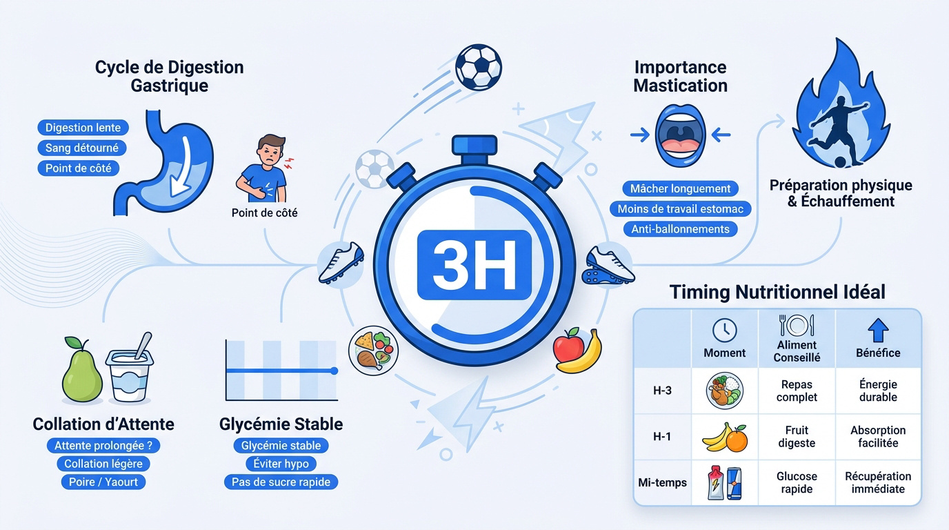 Schéma de la règle des 3 heures pour la nutrition au football