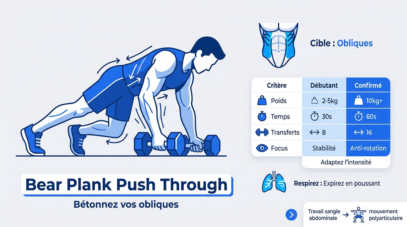 Exécution du bear plank push through avec un haltère pour renforcer les obliques