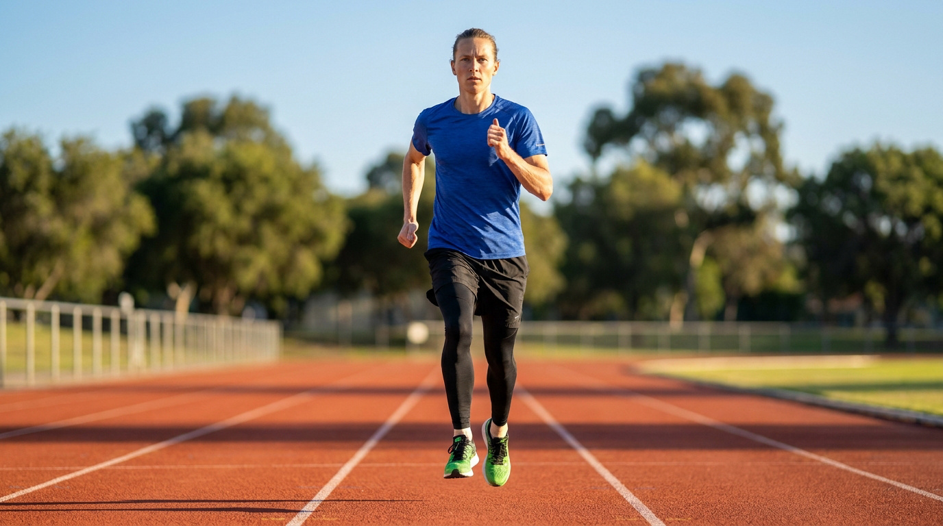 Un coureur masculin en t-shirt bleu, short et leggings noirs, chaussures vertes, court sur une piste d'athlétisme rouge sous un ciel bleu.
