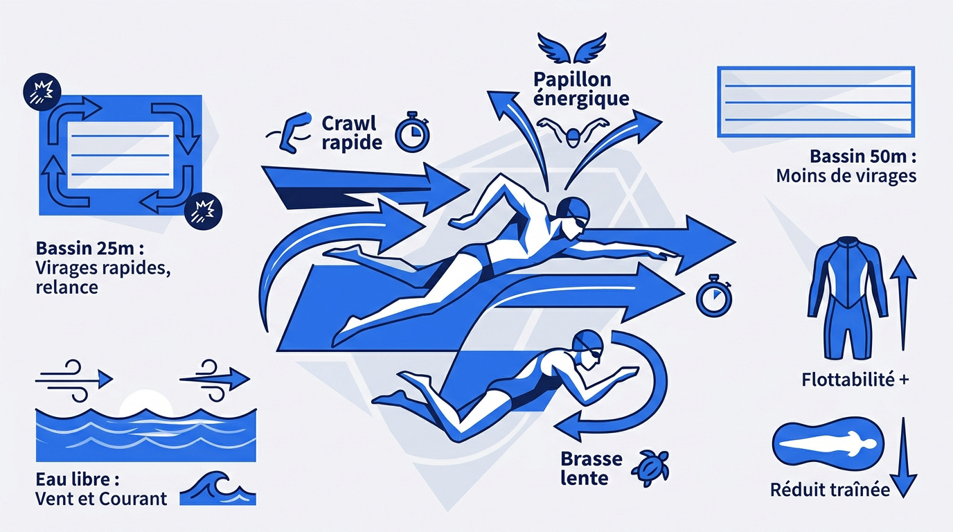 Graphique illustrant les facteurs qui influencent la vitesse moyenne en natation comme la technique et le milieu