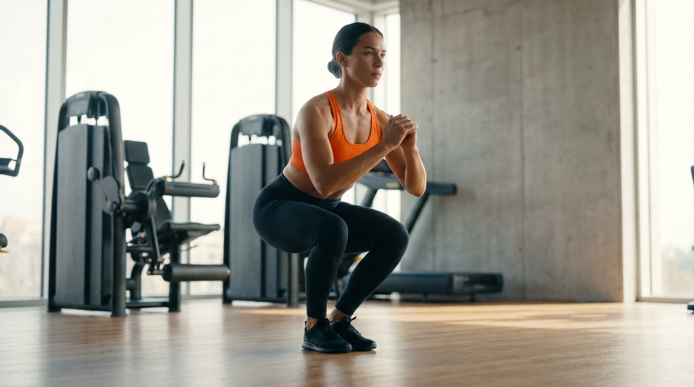 Une femme athlétique en tenue de sport orange et noire effectue un squat profond dans un gymnase moderne et lumineux.