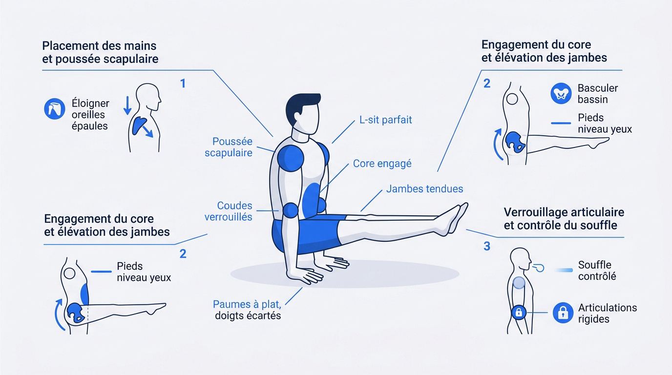 Athlète en position de L-sit sur parallettes montrant l'alignement des bras et des jambes