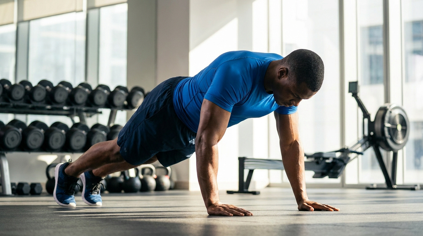 Un homme en t-shirt bleu effectue une pompe dans une salle de sport moderne avec des haltères en arrière-plan.