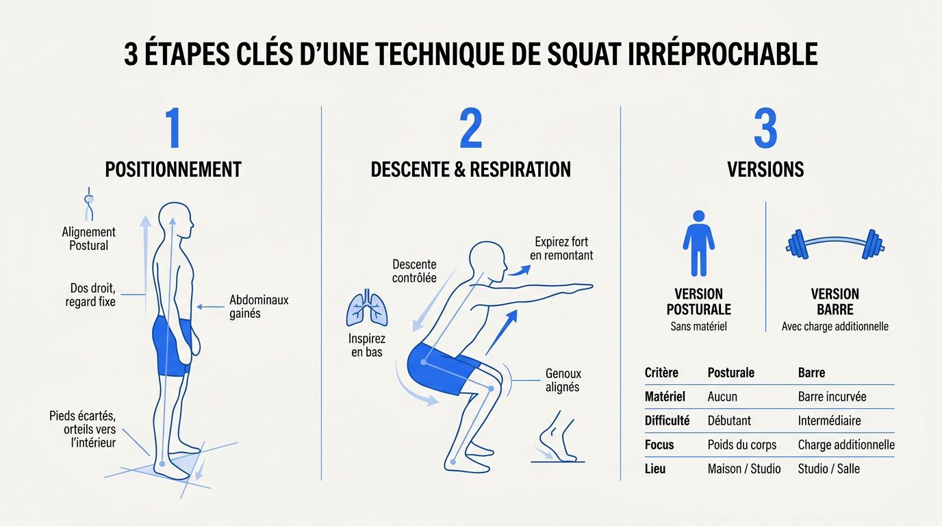 Infographie montrant les étapes pour réussir un squat parfait et tonifier sa sangle abdominale