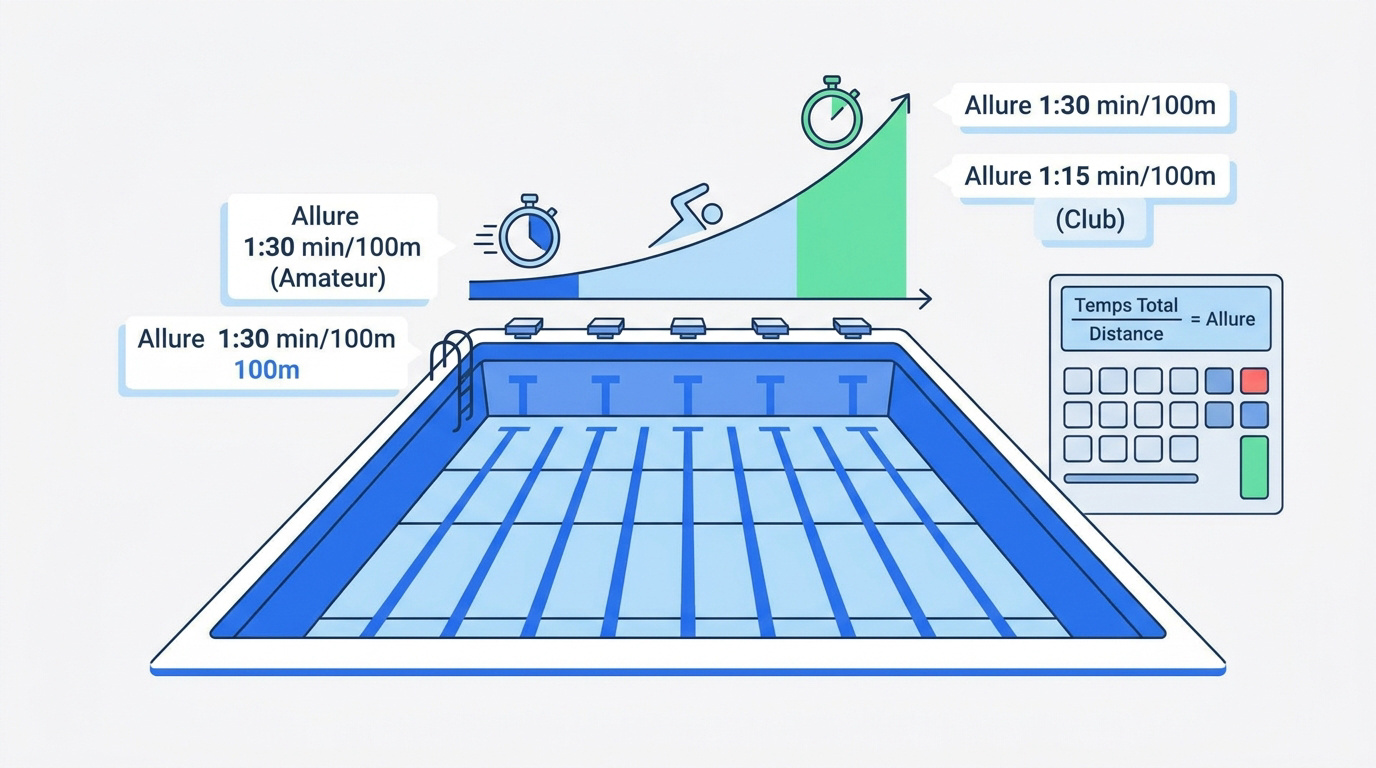 Infographie expliquant le calcul de l'allure moyenne et les temps de passage en natation