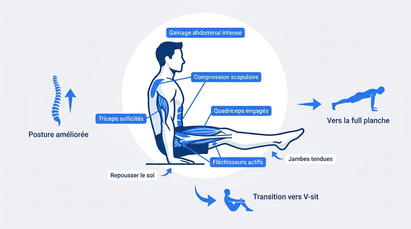Infographie montrant les muscles sollicités et les bénéfices du L-sit en calisthénie