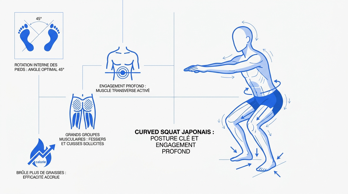 Posture du curved squat avec pieds joints et rotation interne pour engager les abdominaux